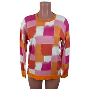 EK Edinburgh Knitwear 100% Pima Cotton Abstract Print Sweater Pink Orange